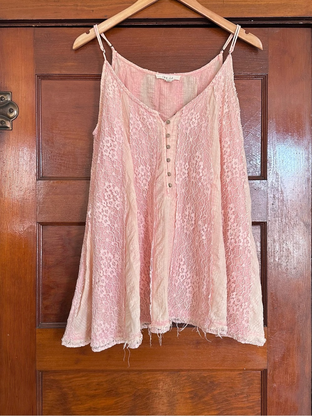 Oli & Hali Pink Washed Mixed Media Lace Gauze Henley Swing Tank Top Large Boho